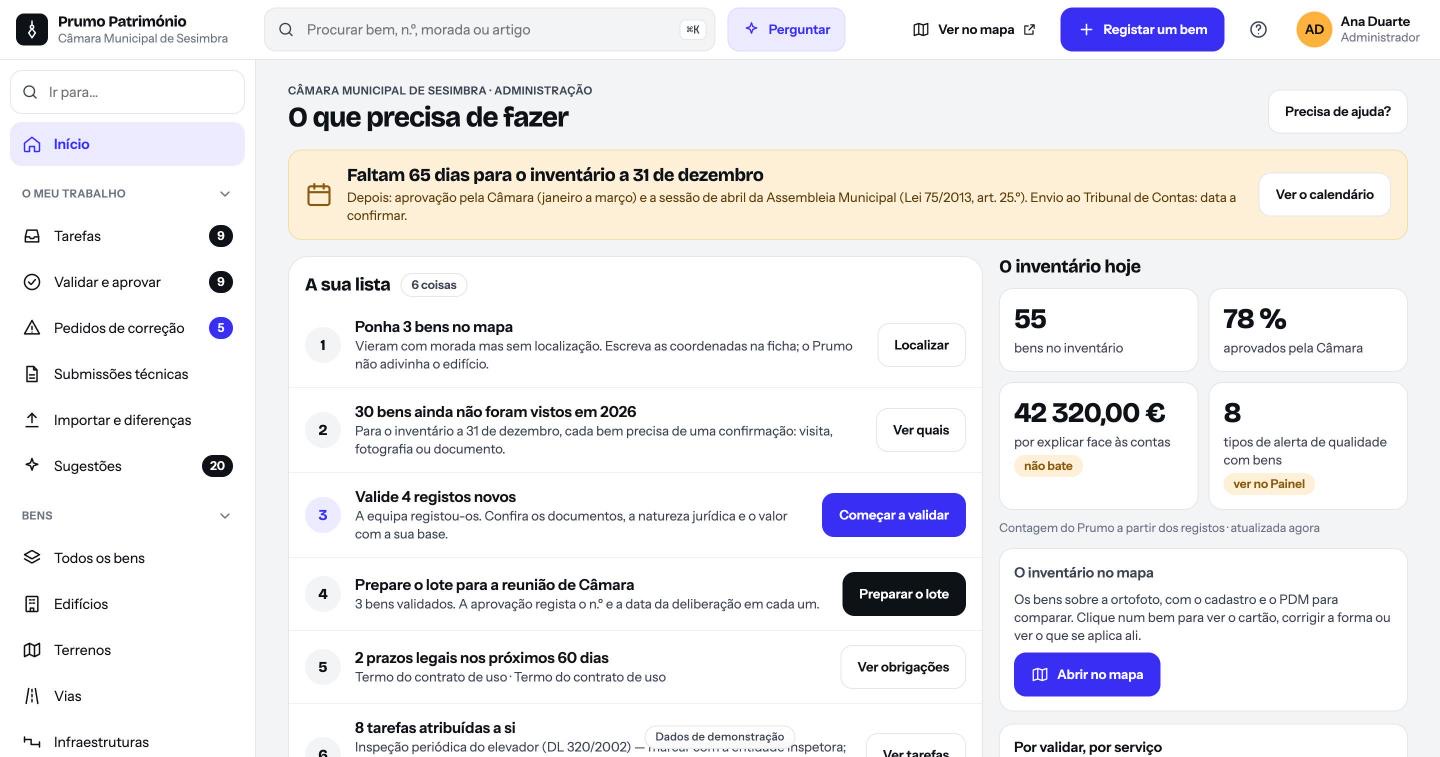 Prumos Património · Início: captura do Prumos com dados de demonstração
